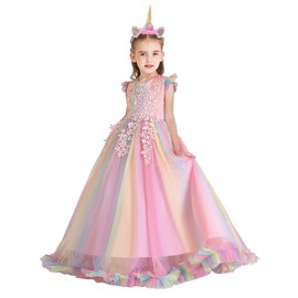 IZKIZF Girls Unicorn Costume Princess Long Maxi Tulle Dress w/Headband Birthday Party Carnival Outfits Multicolored 8-9T