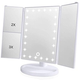 Espejo de Mesa, Espejo de Maquillaje Tríptico con Aumentos 1x, 2X, 3X, Espejo Cosmético Pantalla Táctil en Iluminacíon 22 Led, Carga con USB o...     