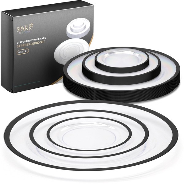 SparkSettings Clear and Black Plastic Plates, 24 Pack Black Clear