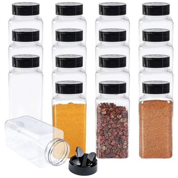 16 Pack 17 oz Plastic Spice Jars Bottles, Spice Containers with Black Cap, Reusable Round Seasoning Jars Great for Storing Spice, Herbs and Powders