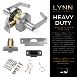 LYNN HARDWARE Commercial Door Lever Lock - Heavy-Duty Locking Door Handle, Designer Door Handles, Cylindrical Lever Lock, Non-Handed Grade 2 Door Handle, Satin Chrome, Entrance/Keylock