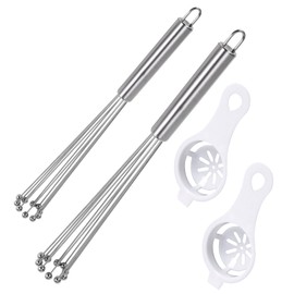 2 Set Stainless Steel Whisk and Egg Yolk Separator Set - Stainless Steel Ball Whisk, Semi-Automatic Egg Beater, Easy to Clean for Cooking, Blending, Beating, Stirring (10" and 12 ")