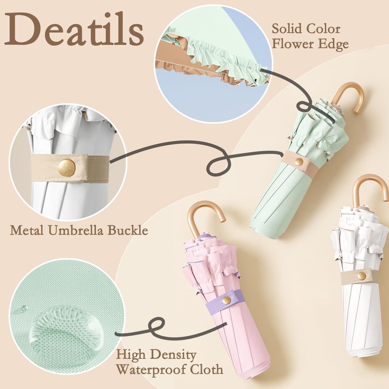 Travel Umbrella with Flower Edge Ruffle & Golden Hook Hanger