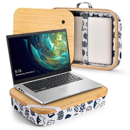 Mayjoy Bamboo Lap Desk with Storage, Cover Removable Lap Desk for Lap, Computer Laptop Stand on Lap, Work on Bed or Couch, Write or Draw on Your Lap (White Kitten)