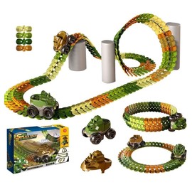 OBEST Dinosaur Track Car Rail Set, DIY Rails, 92 pcs, Runable and Never Fall Dinosaurs, 360° Trajectory Car, Toy, Front Light, LED Light, DIY World Road Racing, Flexible Track Playset, Dinosaur Car,