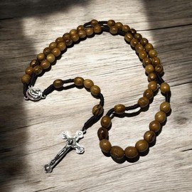 Holy Land Olive Wood Rosary, Handmade in Bethlehem & Jerusalem with Crucifix, Soil Sample & Certificate