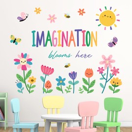 Yovkky Imagination Blooms Here Wall Decals Stickers, Inspirational Quote Colorful Flower Floral Sun Toddler Nursery Decor, Positive Bee Butterfly Home Decorations Kids Bedroom Playroom Classroom Art