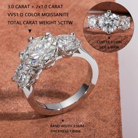 CannyCat 3 Stone Moissanite Ring for Women 5cttw 3 carat 9.5mm Certified Moissanite Diamond with Side 1 carat 6.5mm D color VVS Brilliant Platinum Plated Silver Anniversary Engagement Wide Band (5)