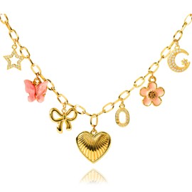 HOLINSE Initial Charm Necklace for Women, Gold, Pink Charms, Heart, Bow, Butterfly, Flower, Star, Moon, 14k Gold Plated, Cubic Zirconia, Whimsical Style, Women's Accessory