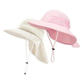 SEYUFN Baby Sun Hat Girls Boys Neck Cap Child Protection Bucket Hats Breathable Baby Girl Beach Hat Toddler Summer Hat, C-Pink&C-Beige, 6 - 12 years