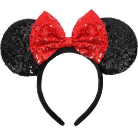 UNKJIN Mouse Ears Headband, Classic Mouse Ears with Bow, Sequin Princess Party Decoration Cosplay Costume for Women Girls (Red)