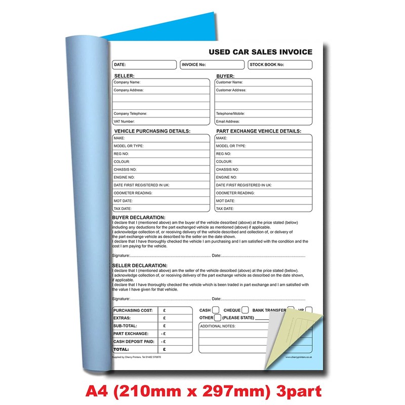 Cherry Carbonless NCR Used Car Sales Invoice Book A4 50