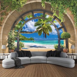 FENDROM - Tapiz para decoración de playa, océano, isla tropical, palmera, vista panorámica desde la ventana, paisaje tropical para colgar en la pared, tapiz natural para recámara, sala de estar,