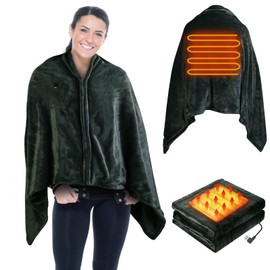 KOCASO USB Heated Blanket,Electric Heated Blanket Portable Heated Blanket Poncho 3 Heating Setting Shawl Wrap Throw with Zipper Washable for Home Office,59x31in,Black