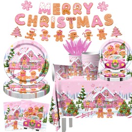 142Pcs Gingerbread Christmas Tableware Party Decorations Gingerbread Man Winter Christmas Holiday Party Supplies Pink Cookie House Family Gathering Disposable Banner,Plates,Napkins and Tablecloth