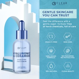 Clear Beauty Hyaluronic & Ceramide Facial Serum - Dermatologist Tested, Anti-Aging, Korean Skin Care, Deep Hydration, Plumping & Smoothing - Vegan, Clean Beauty, Cruelty-Free, Non-GMO - 1.69 FL. Oz