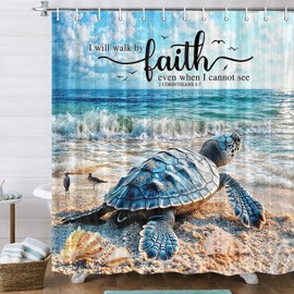 Sea Turtle Shower Curtain with Bible Verse, Blue Teal Ocean Bathroom Decor Christian Scripture Quote Bath Curtain Christian Faith Bath Set Coastal Theme Bathroom Accessories Hooks Included 70X70IN