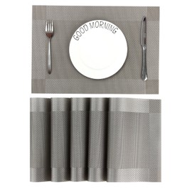 CHAOCHI Placemats Set of 6,Easy to Clean Non-Slip Heat Resistant Dining Table Mats,Washable Crossweave Woven Vinyl PVC Place mats,45CM x 30CM (Grey+Silver)