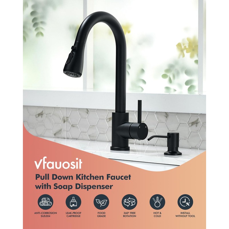 VFAUOSIT Black Kitchen Faucet with Soap Dispenser, 3-Mode Kitchen Sink