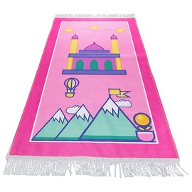 Windplusya Prayer Rug for Children, 19.7 x 35.4 in Muslim Cartoon Tassel Prayer Mat, Soft Thick Muslim Prayer Mat, Eid Gift for Boys/Girls (Pink Star)