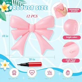 Inflatable 6 Pcs Pink Bow Pool Floats with Pump for Adults, Large Pink Bow PVC Balloons Pool Party Decor for Summer Swimming Birthday Wedding Baby Shower Gender Reveal Bridal