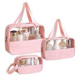 SOMIER 4 Size/Pack Waterproof Clear Toiletry Bag, TSA Approved Zippered Carry on Pouch, Portable Travel PVC Cosmetic Makeup Bag Organizer for Vacation Bathroom, Pink-PVC&Leather