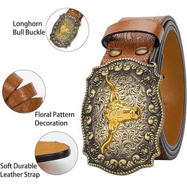 FGSS Men-Classic-Leather-Belts - Vintage-Western-Cowboy Embossed-Belts with Longhorn-Bull-Buckle for Women-Jeans-Pants