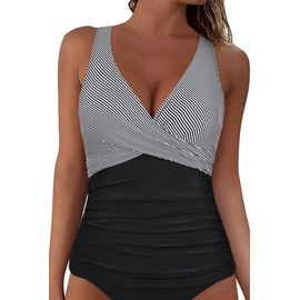 Firpearl Women Underwire Tankini Top Only Twist V Neck Swimsuits for Big Busted Ruched Tummy Control Bathing Suits Top, Black Stripe, 10