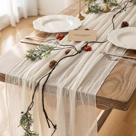 Haquno Bohemian Cotton Table Runner Tablecloth - Rustic Wedding Table Decoration for Bridal Showers, Birthdays and Celebrations (90x300cm) - Eco-Friendly Cotton, Reusable (Off-white)