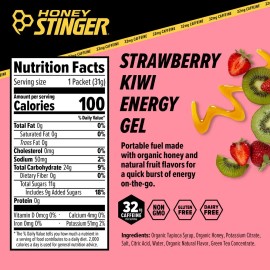 Honey Stinger Energy Gel Plus, Con Cafeína 32mg 24pz/31g Sabor Fresa Kiwi