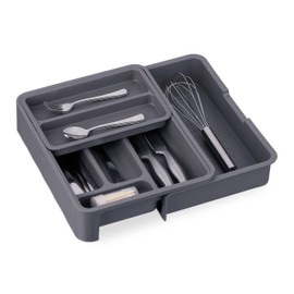 Relaxdays Extendable Cutlery Tray, H x W x D: 6.5 x 23.5-40 x 31.5 cm, 7 Compartments, Plastic, Drawer Insert, Dark Grey, 1 Piece