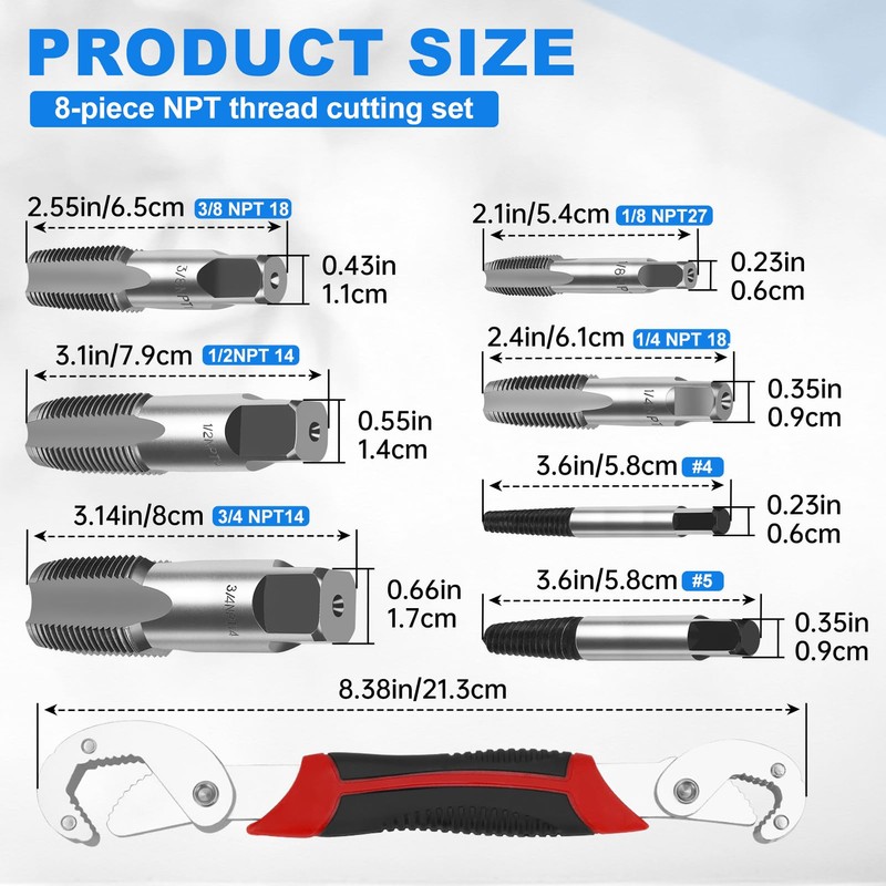 8-Piece Set NPT Pipe Tap 1/8 Inch 1/4 Inch 3/8