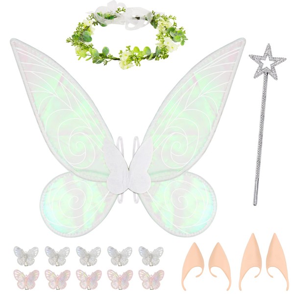 Hysagtek Fairy Wings Adult Women Kids, 17 Pcs Butterfly Wings Elf Dress up Set - Angel Wings with Headband Elf Ears Wand Hair Clips for Halloween costumes Masquerade Birthday Cosplay Party Girls