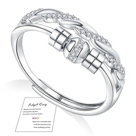 FUNTE® Anxiety Rings Sterling Silver Fidget Rings Thumb Rings for Women Stress Relief Five Spinner Beads Rings Adjustable Anxiety Ring Twist Cubic Zirconia Ring