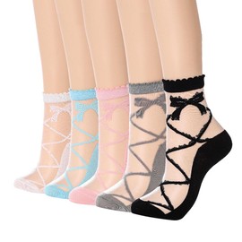 Campsis Sheer Sock Cute Ruffles Socks Bow Sheer Ankle Socks Patterned Transparent Sock for Women(5 Pairs)