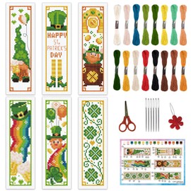INFUNLY 6PCS St.Patrick's Themed Cross Stitch Bookmark Kit for Adults 8.66"×3.15" Gnome Hat Embroidery Bookmark Kit Rainbow Leaf Clover Counted Cross Stitch Kit with Instruction for Book Lovers Gift
