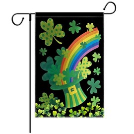 LHSION St Patricks Day Garden Flag 12.5 x 18 Inch Shamrock Clover Green Hat Rainbow Small Flag Decorative Double Sided Burlap Flag for Farmhouse Yard Holiday Decor