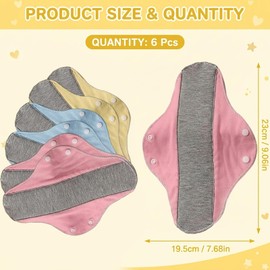 6pcs Reusable Pads, Washable Cotton Panty Liners for Women, Feminine Pad for Postpartum Care/Elderly Care, 23 cm Length 19.5 cm Width