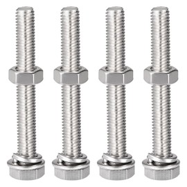 sourcing map M8 x 60mm Hex Head Screws Bolts, Nuts, Flat & Lock Washers Kits, 304 Stainless Steel Fully Thread Hexagon Bolts 4 Sets