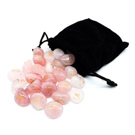 AB Viking Crafts Edelstein Runen Set Elder Futhark Heilstein Rosenquarz 25 Steine ca. 20 mm im Samtbeutel | Mythologie Wikinger Esoterik Meditation Magie (Rosenquarz goldene Gravur)