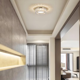 Gisisee 11 Inch Chrome Modern Luxury Crystal Flush Mount Ceiling Light Fixture,5CCT 3000K-6000K 24W,Round Small Dimmable Led Chandelier Hallway Lighting for Entryway,Kitchen,Bedroom,Laundry Room