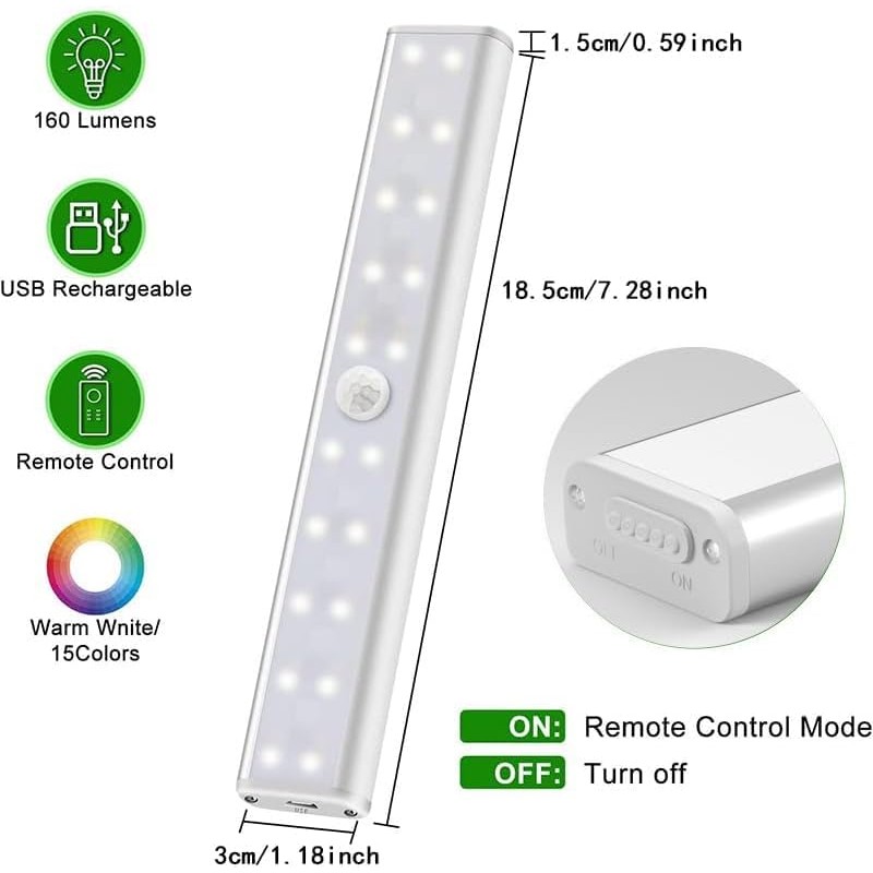 15-Color RGB Under Cabinet Lighting, Wireless Rechargeable Closet Lights, 48-LED