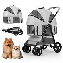 4 Wheels Pet Stroller for Small/Medium Dogs and Cats with Detachable Carrier and Storage Basket,One Click Folding, Compact Portable,3 in1 Multifunctional (Grey)