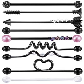 HuaCan 14G Tragus Helix Piercing 9 Pieces Tragus Cartilage Piercing 9 Pieces Black Bar Stud Earrings Stainless Steel Ear Piercing Set for Women Men For Any Occasion, Stainless Steel