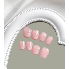 Press on Nails Short Square MABKJLF Pink Fake Nails Gradient Full Cover Glue on Nails Glossy False Nails with White Gradient Designs Artificial Acrylic Nails for Women Girls 24 Pcs