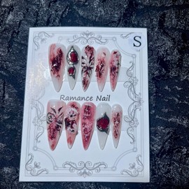 Press on Nails Handmade Nails 10Pcs Gothic Style Manual Nail Art Blood Fake Nails for Women Party Holiday Photo 3.0CM Size L