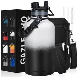 GAZLEMHO Insulated Water Bottle 64 oz, Half Gallon Water Jug Cold 48H, BPA Free Stainless Steel Bottles with Straw/Chug 2-in-1 Lid, Bag, Paracord Handle, Silicone Boot, Sports Gym School Metal Flask