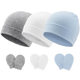 DRESHOW Newborn Baby Hats Mittens Set, 3 Pcs Infant Baby Hats & 3 Pairs No Scratch Mittens Cotton Gloves for 0-6 Months