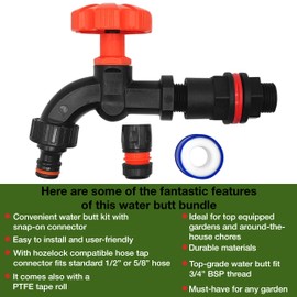 Premium Water Butts Kit – 3/4" bsp black tap with standard click lock hose connector + Hozelock compatible tap hose connector + PTFE Tape Roll – Perfect Water Butt Replacement. Set by MYPURECORE