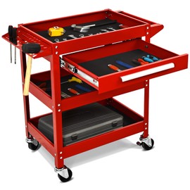 ARNOT 3 Tier Rolling 330 LBS Tool Cart on Wheels for Mechanics, Heavy Duty Tool Cart with Drawers, Perfect for Garage, Warehouse & Repair Shop, Red
